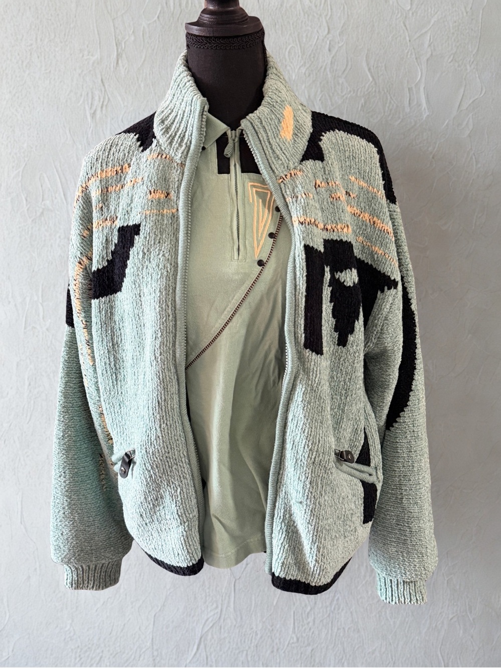 jamie sadock lt blue/mint, Black & Tan Geometric Zip-Up Cardigan w/free polo